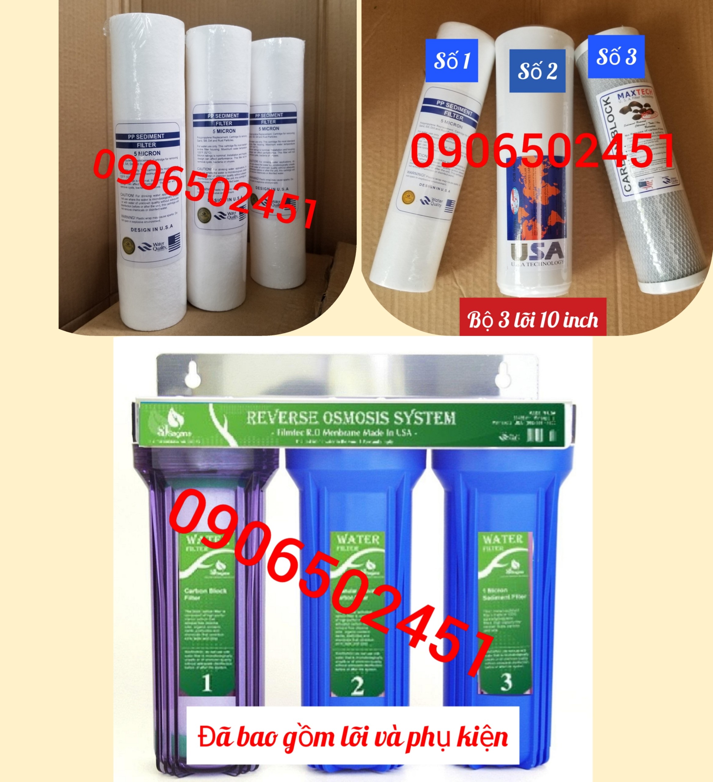 [HCM]Combo Bộ lọc nước sinh hoạt - lọc thô đầu nguồn 3 cấp ly 10 inch + 4 lói số 1 + 1 lõi số  2 +1 lõi số 3