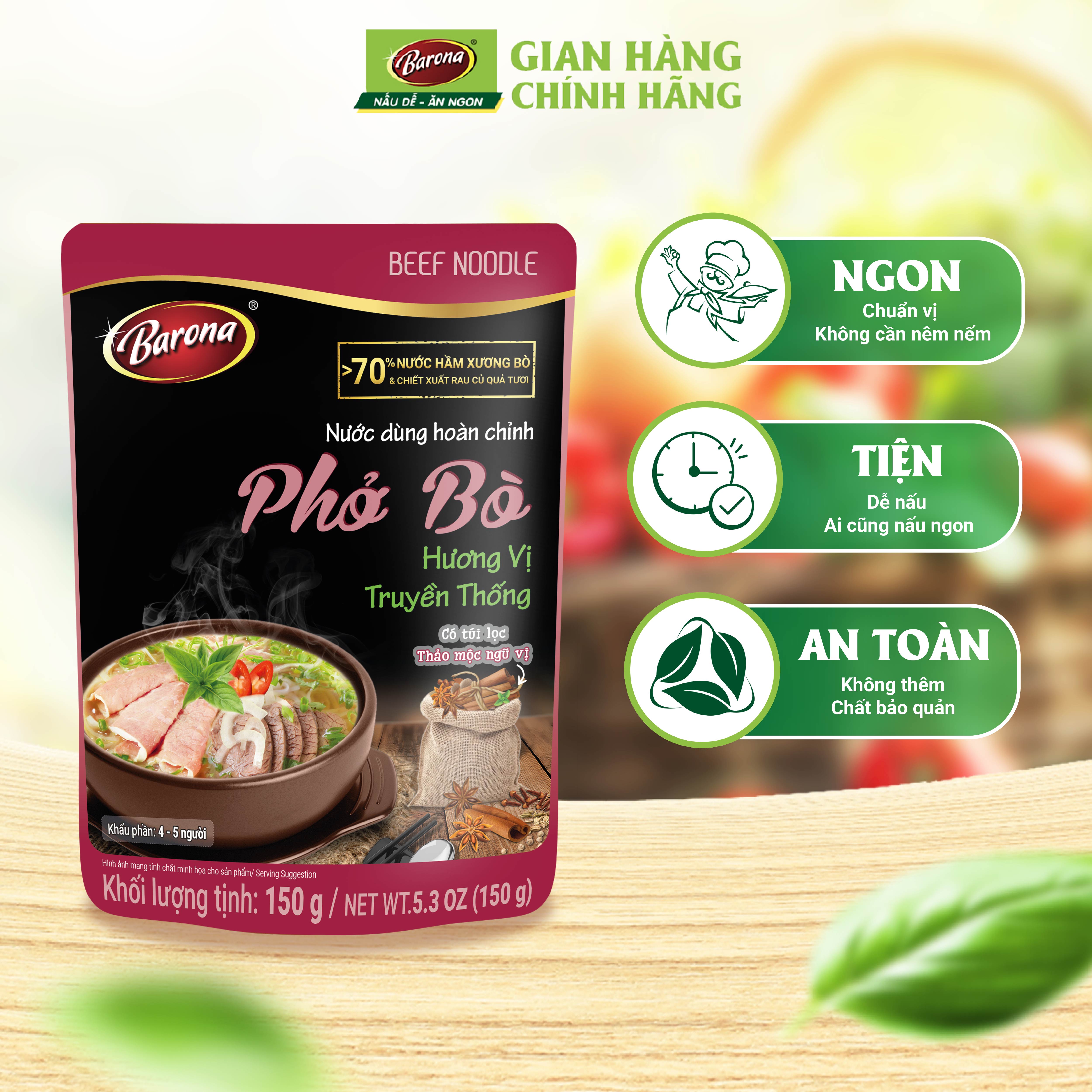Nước Dùng Phở Bò Barona Hương Vị Truyền Thống gói 150g tươi ngon chuẩn vị không cần nêm nếm