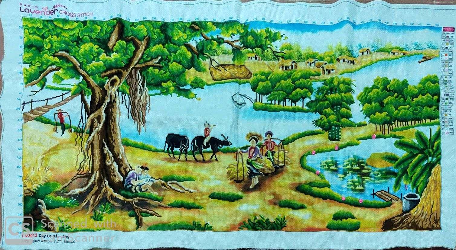 Tranh thêu chữ thập: Cảnh đồng quê 120x60cm