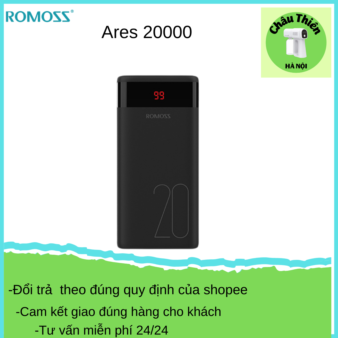 Pin sạc dự phòng 20000 mAh, sạc dự phòng Ares20 thương hiệu Romoss 3 cổng sạc nhanh