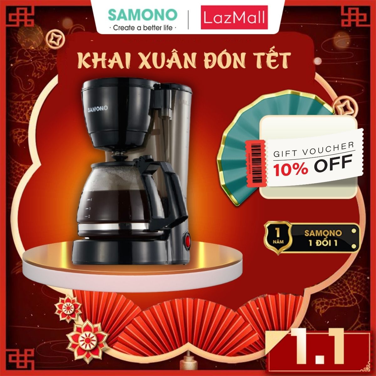 (BH 1 Năm)Samono Máy pha cà phê/trà 750ml, chức năng giữ nhiệt, vòi tự ngắt chống rò rỉ, hộp chứa có thể tháo rời SW-CMB06B