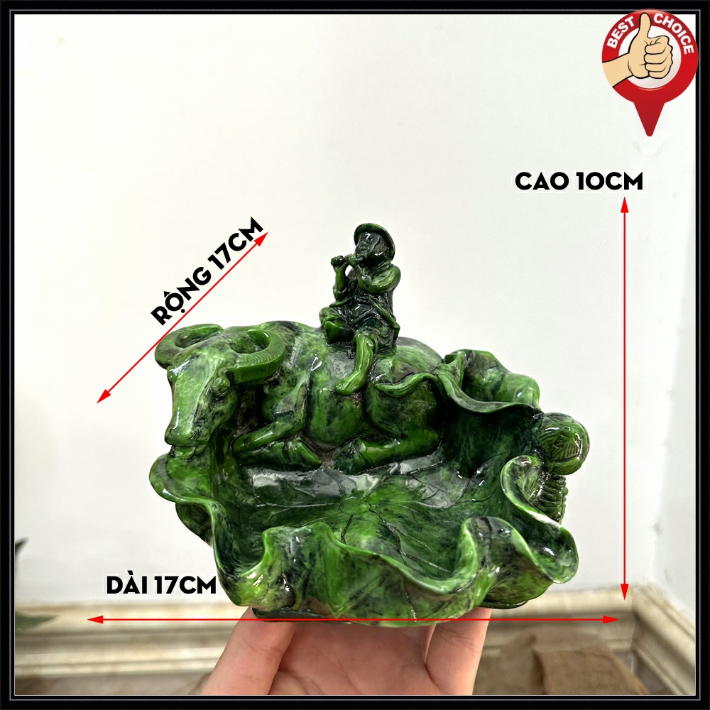 Tượng đá trang trí Mục Đồng Cưỡi Trâu - Gạt tàn thuốc hình Mục Đồng Cưỡi Trâu - Dài 17cm - Xanh lục bích