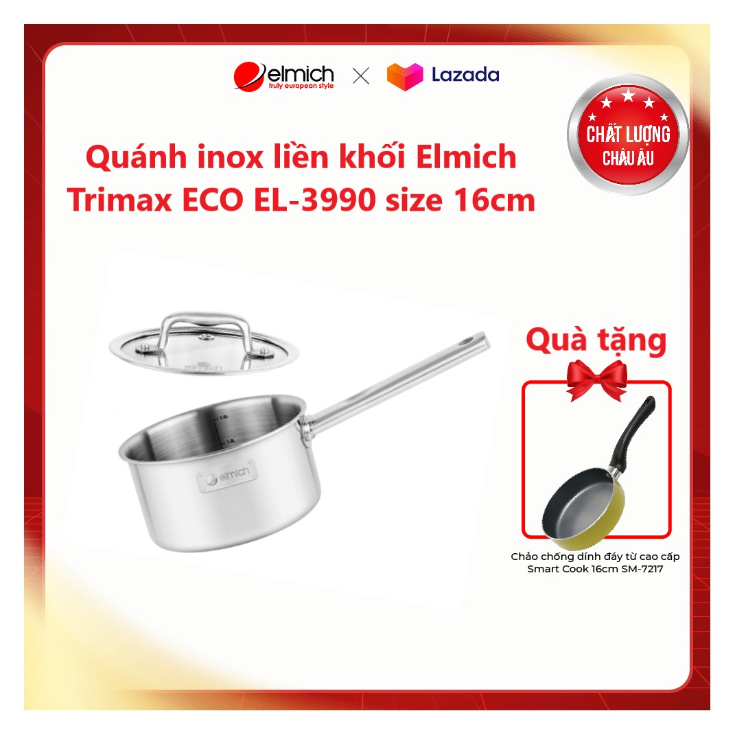 Quánh inox liền khối elmich trimax eco el-3990 size 16cm
