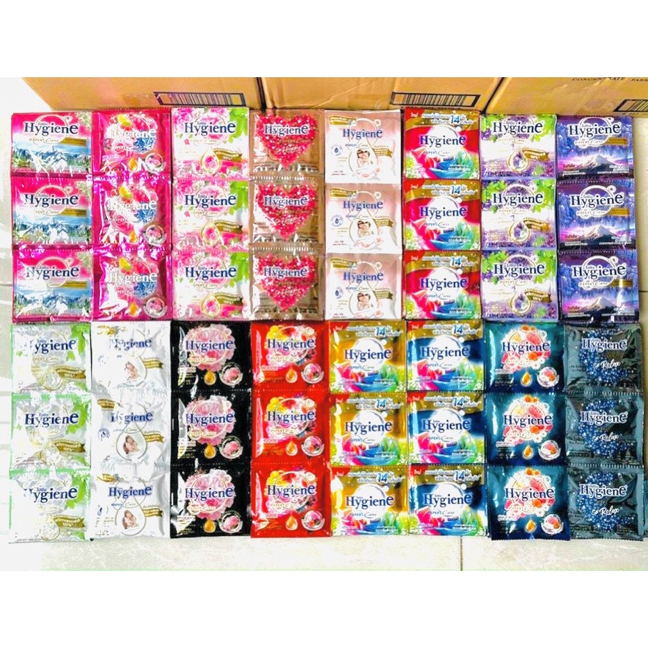 [HCM] COMBO 5 DÂY (60 gói) Nước Xả Vải HYGIENE Thái Lan Xả Quần Áo Thơm Lâu Siêu Đậm Đặc Làm Mềm Vải 20ml/gói Hygiene Đủ Màu HYGIENE HƯNG THỊNH