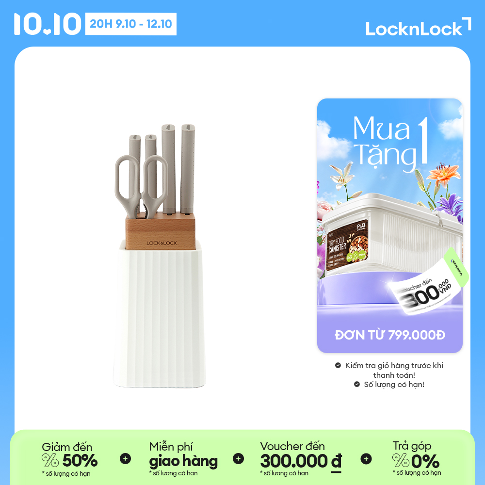 Bộ dao 6 món lock&lock - màu trắng - ckk802 - thép không gỉ sắc bén, có kí hiệu trên cán dao