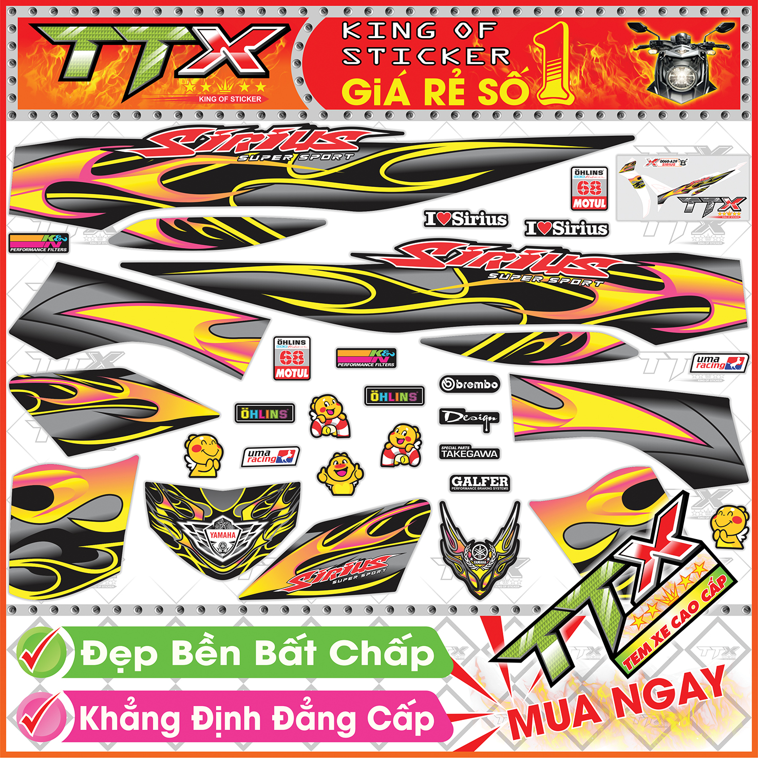 Tem xe sirius đen xám vàng hồng lửa siêu đẹp - tem sirius lửa vàng xám đen hót - mẫu team sirius đen xám vàng