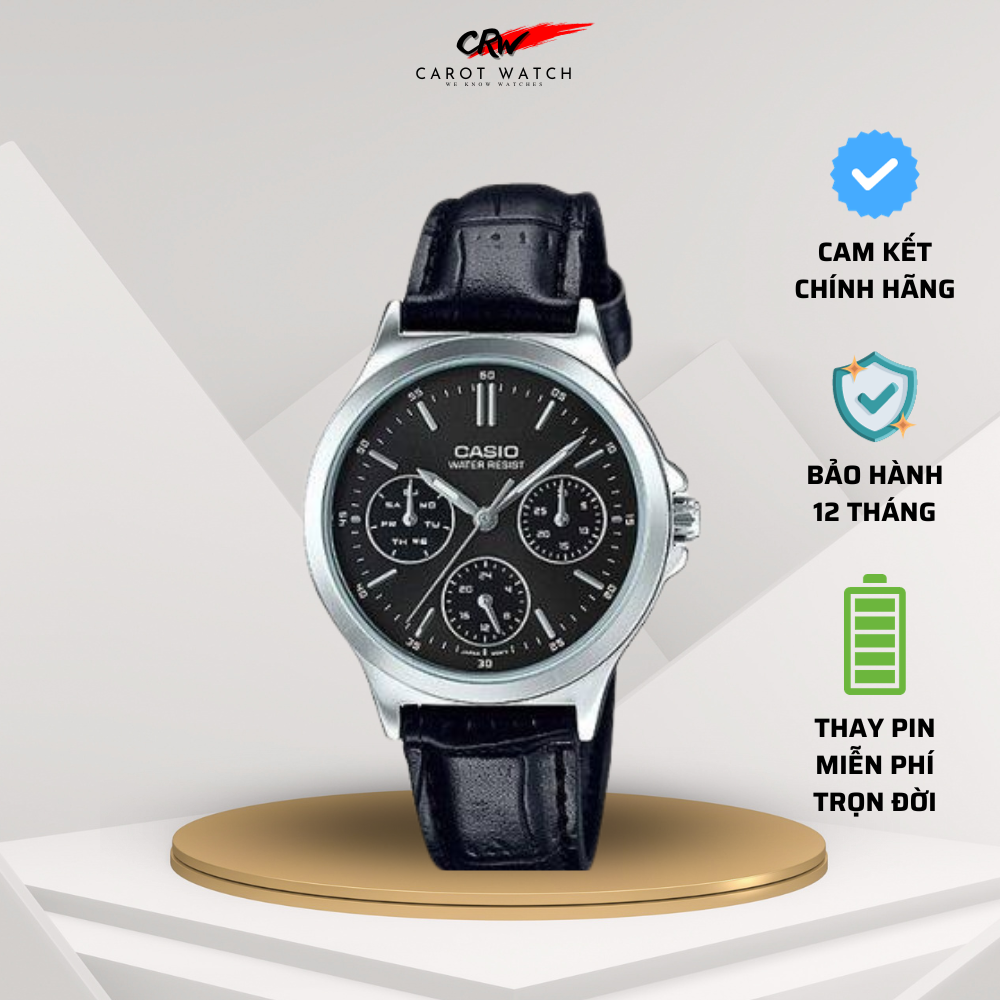 Đồng hồ nữ casio ltp-v300l-1a mặt đen dây da đen chống nước size nhỏ