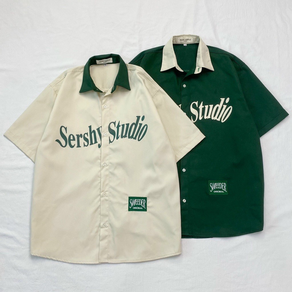 Áo Sơ Mi Nam Tay Ngắn Phối Chữ STUDIO Unisex, Áo Sơ Mi Kaki Tay Lỡ Nam Nữ 2 Màu Quốc Dân - TP73