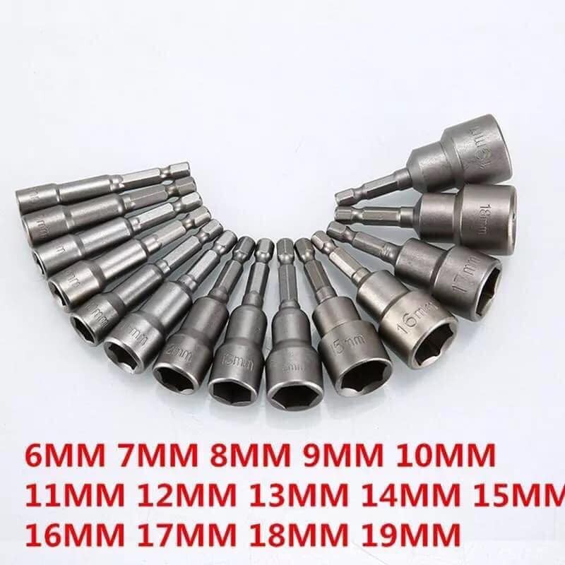 Bộ chụp 14 đầu chụp bulong - Đầu bắn tôn vặn ốc bulong lục giác 6-19mm + 1 chân cài chuyển đổi để dùng cho khoan bê tông