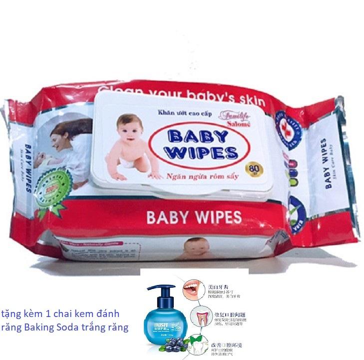Combo 10 gói khăn giấy ướt Baby Wipes tặng 1 chai kem đánh răng Baking soda trắng răng