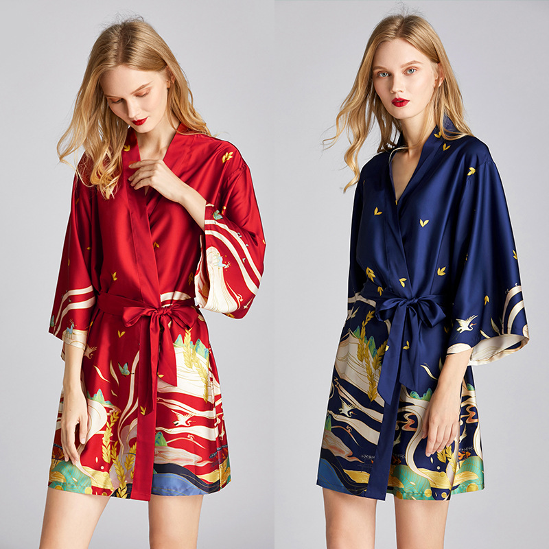 Áo choàng ngủ lụa satin cao cấp áo choàng kimono sang trọng phong cách Nhật