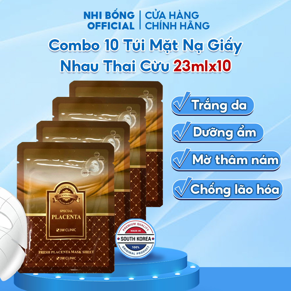 Combo 10 Túi Mặt nạ giấy dưỡng trắng da 3W Clinic Hàn Quốc tinh chất nhau thai cừu 23mlx10 iúp da trắng sáng mềm mịn ngăn ngừa lão hóa