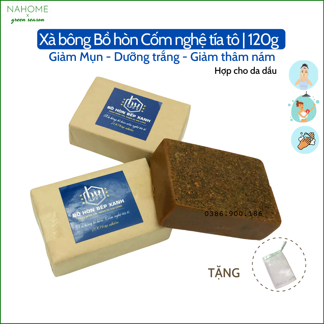 Xà bông bồ hòn Cốm Nghệ Tía Tô, giảm mụn, mờ thâm nám, dưỡng sáng da, phù hợp với da khô, mùi hương thảo, dạng bánh 120gr - Xà phòng Bồ hòn bếp xanh, dùng rửa mặt và tắm, đã được kiểm định chất lượng Nahome