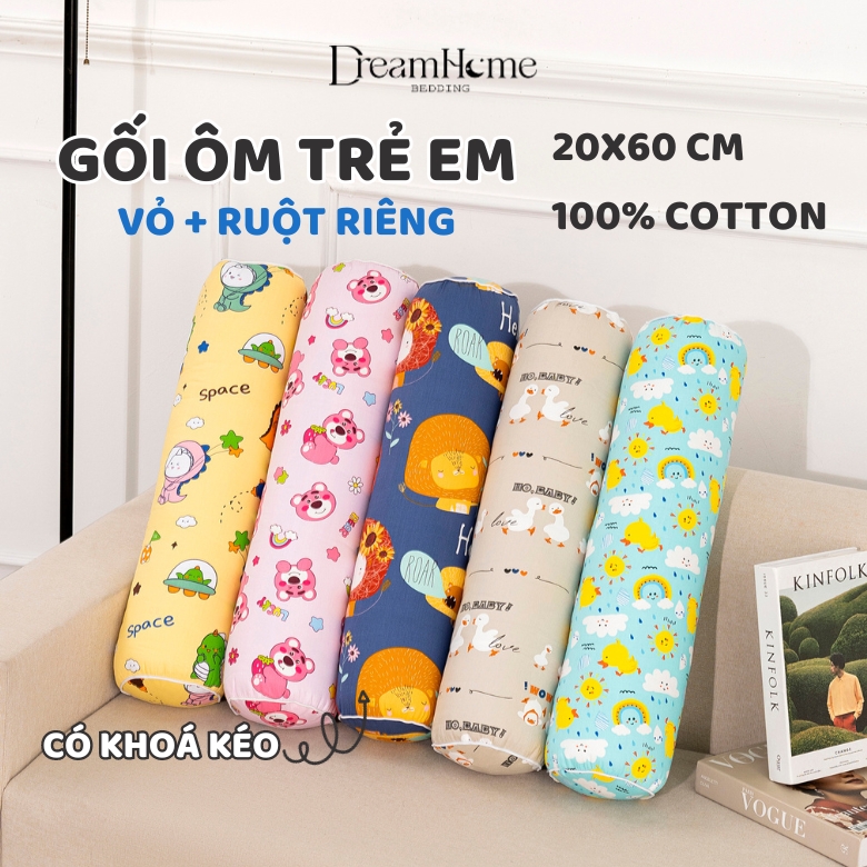 Gối ôm cho bé mẫu giáo 3 tuổi, 5 tuổi, vỏ gối ôm cho bé 60cm cotton 100% khóa kéo, hình siêu nhân, khủng long, DREAMHOME