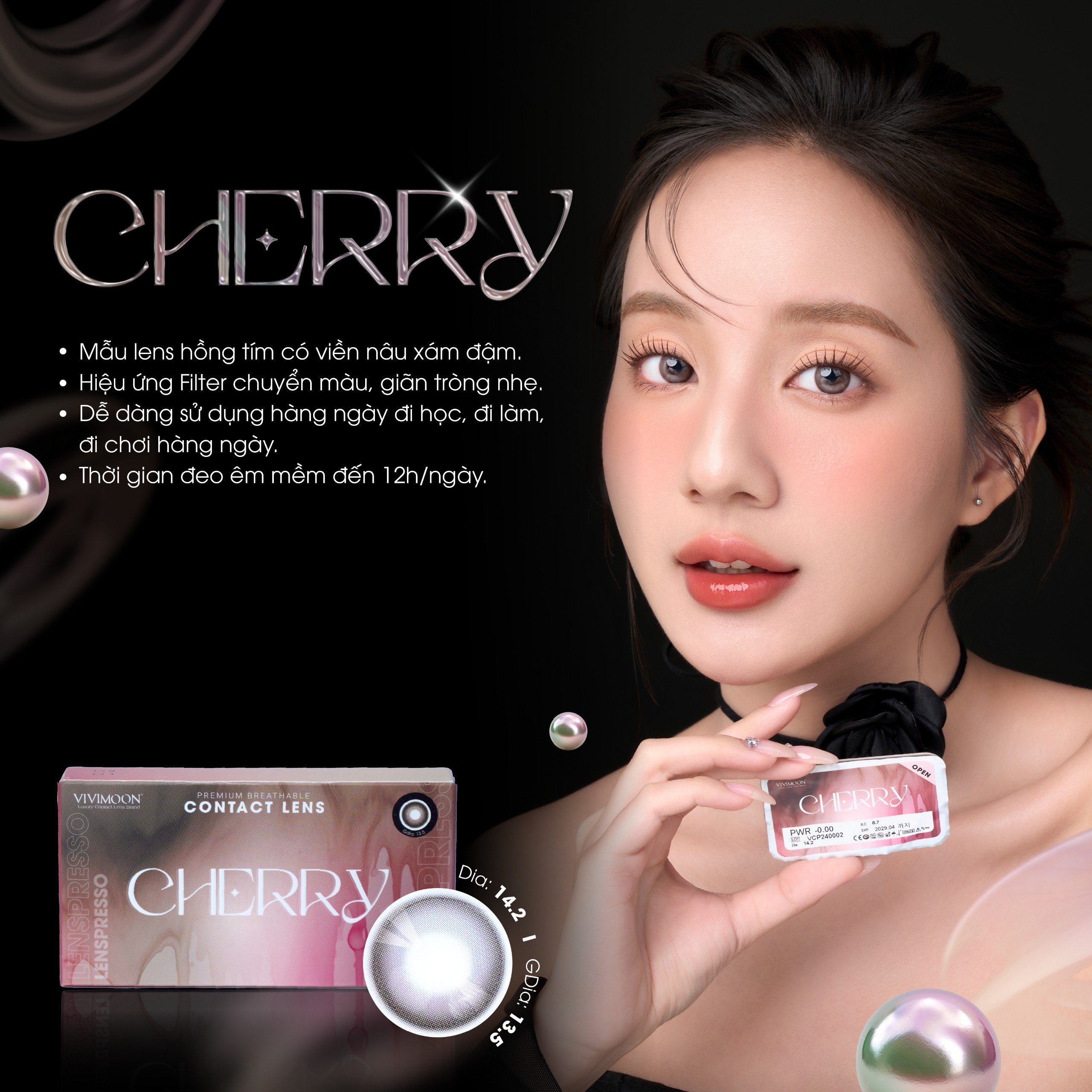 Kính áp tròng VIVIMOON LENSPRESSO cận nâu xám hồng cho mắt thở CHERRY, lens 06 tháng (Giá 01 đôi)