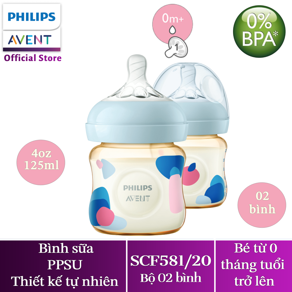 Philips Avet Hộp 2 Bình sữa PPSU thiết kế tự nhiên 125ml cho trẻ từ 0 tháng tuổi SCF581/20