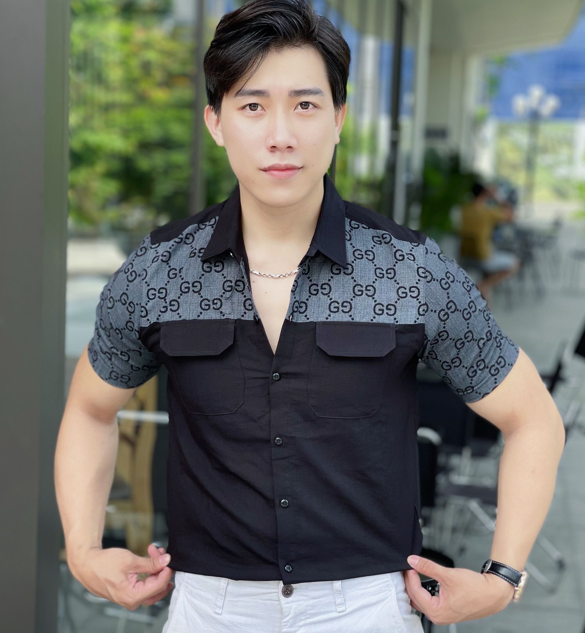 Áo sơ mi nam ngắn tay vải đũi dày dặn mix túi giả co giãn trẻ trung năng