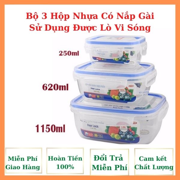 Sét 3 Hộp Nhựa Four Lock Nắp gài 4 Bên Sử Dụng Được Cho Cả Lò Vi Sóng. Song Long [ Hàng Bao Đổi Trả Trong Vòng 14 Ngày]