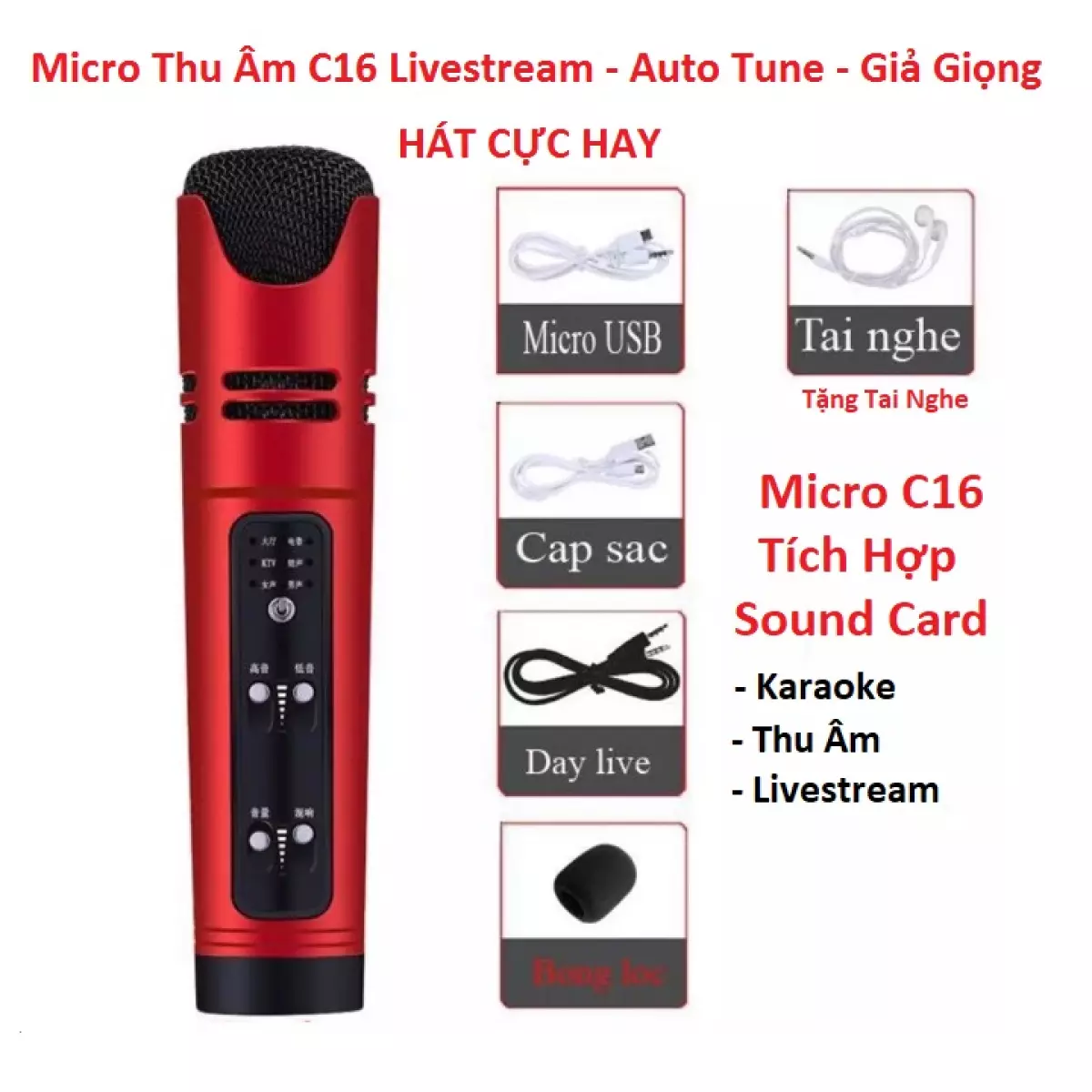 Micro kiêm sound card live stream C16 chất lượng cao
