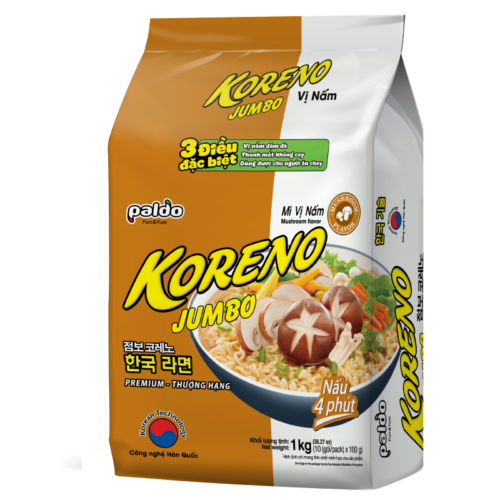 Chỉ 86.000 đ/túi = 10 gói Mì Jumbo Koreno VỊ NẤM (có thể ăn chay) là loại mì chưa được làm chín 100%, không chiên ngập dầu mỡ nên hạn chế được chất béo và cholesterol không tốt cho sức khỏe