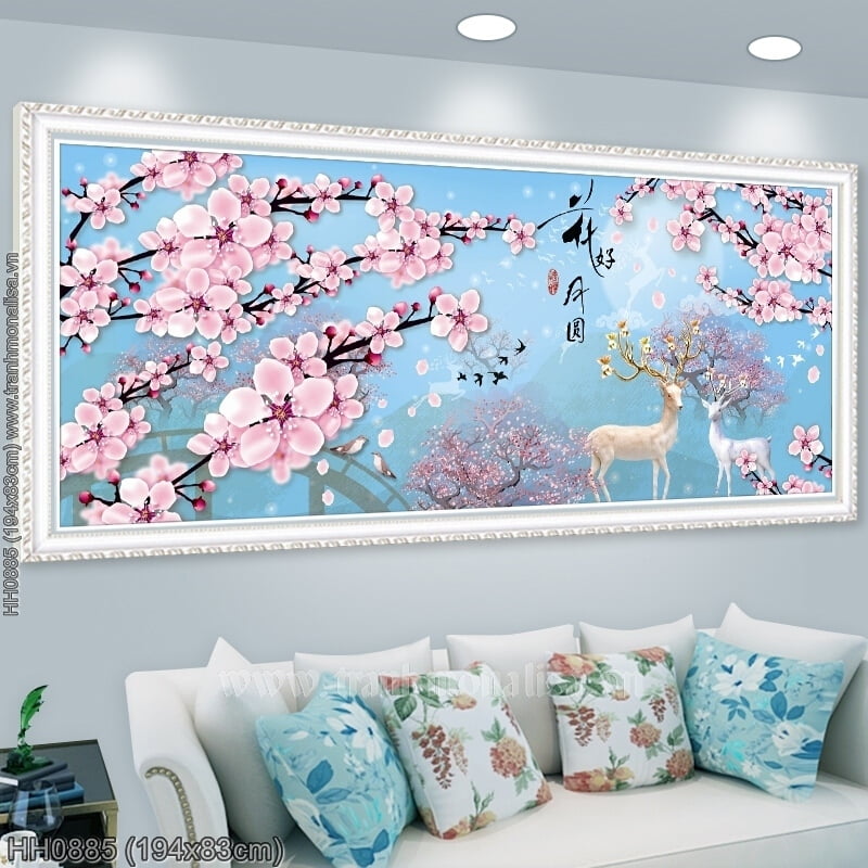 (HH0885) Tranh thêu kín Hoa hảo Nguyệt viên Hươu nai hoa đào 194×83 cm