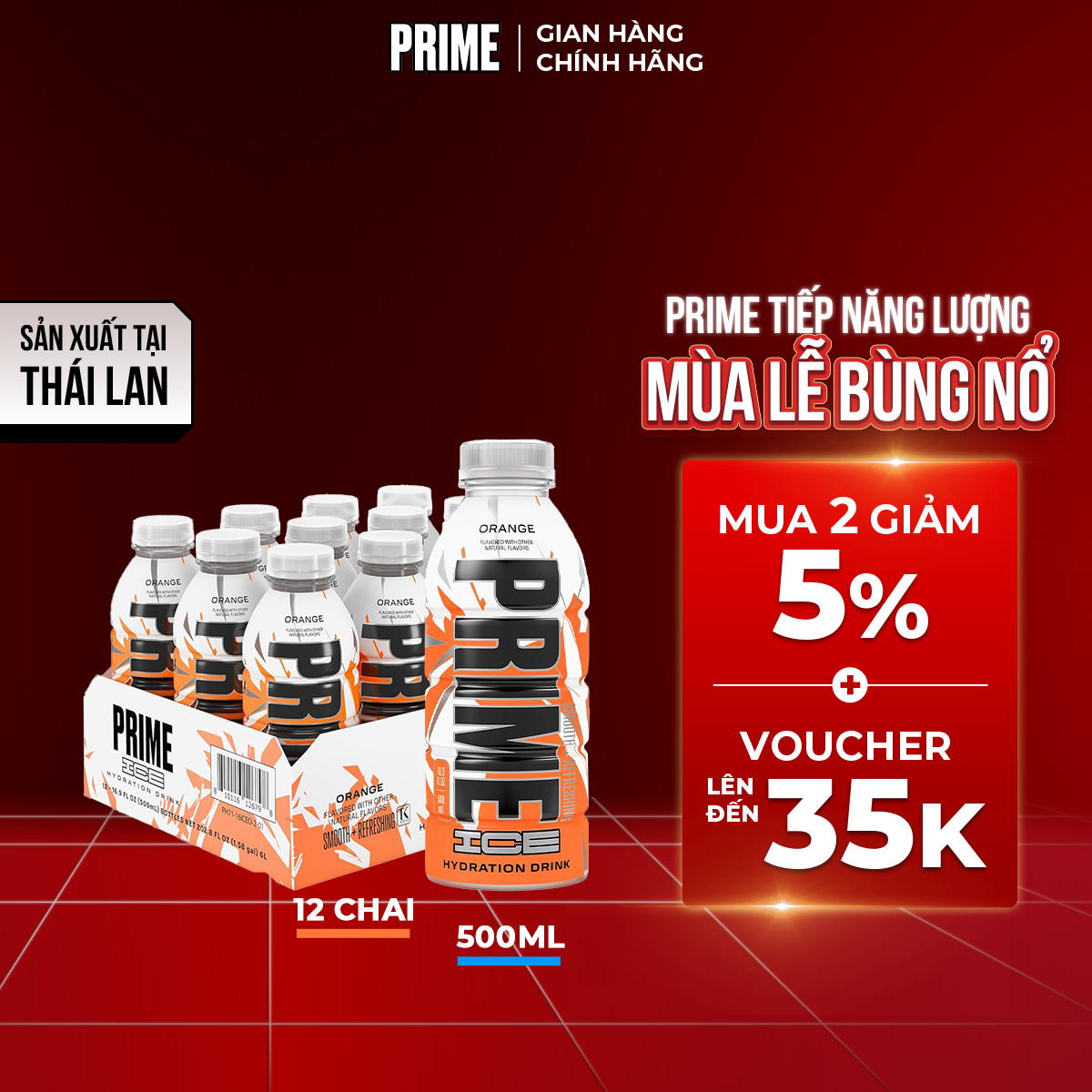 Lốc 12 chai nước điện giải PRIME Ice Hydration vị Cam 500ml/chai