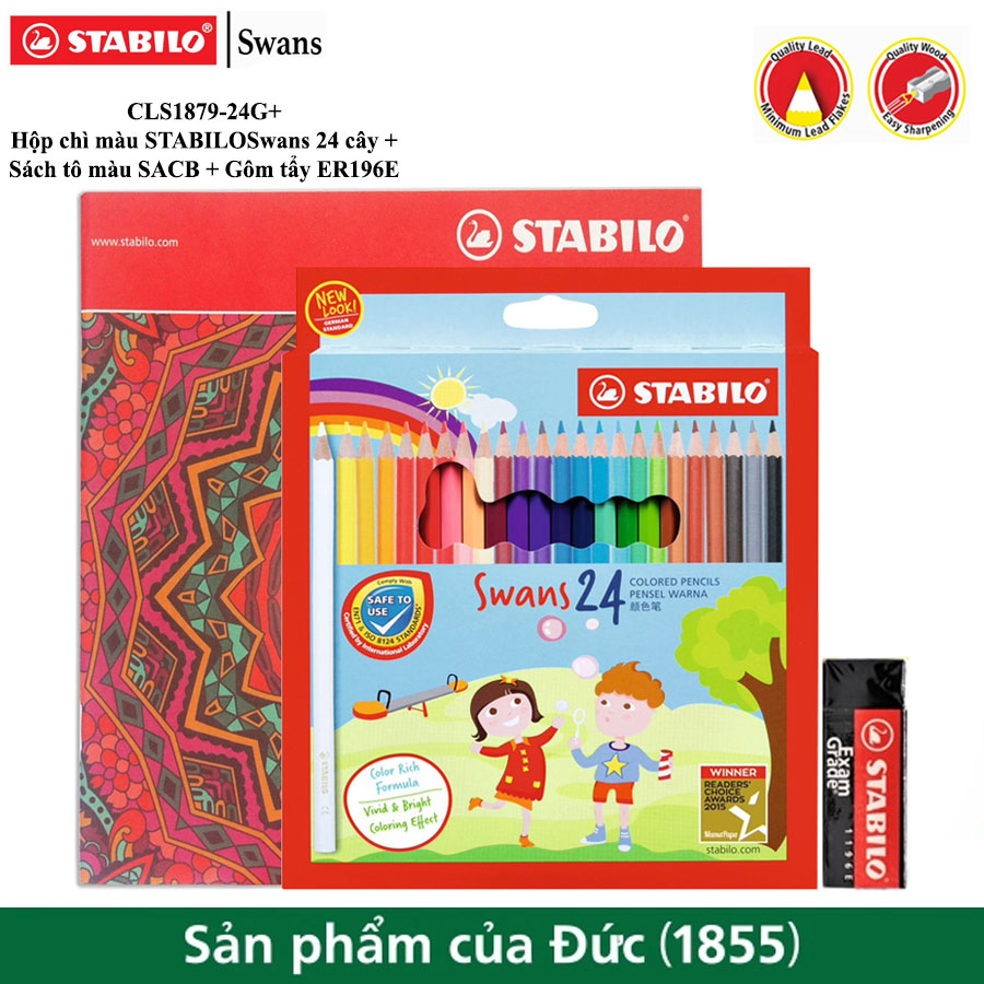 Bộ hộp bút chì màu stabilo swans tẩy xóa được 24+2