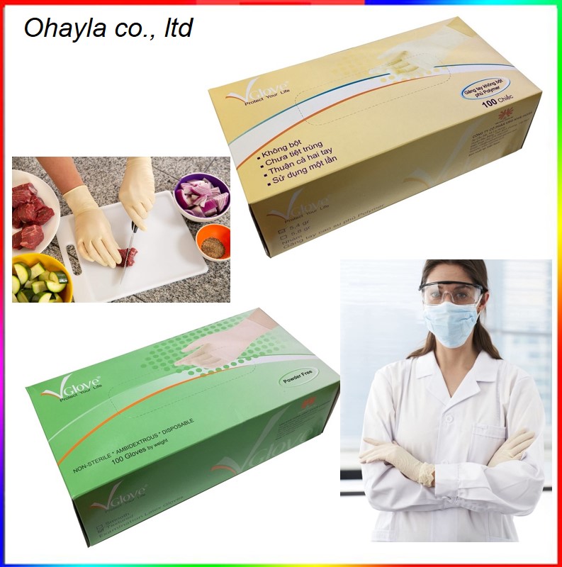 Găng tay y tế Vglove Khải Hoàn không bột phủ Polymer, Vinyl, cao su latex màu trắng, size S, M hộp 100 cái.