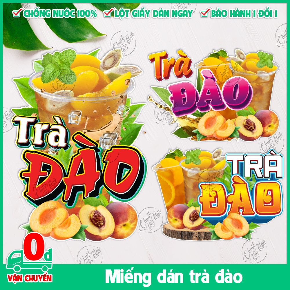 Hình dán trà đào trang trí cửa kính quán xe trà sữa chất liệu decal nhựa chống thấm nước