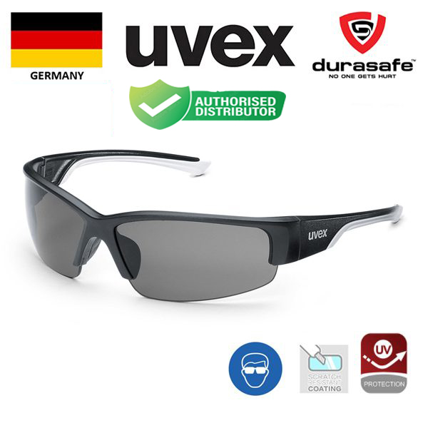 Kính UVEX 9231960 Polarvision Safety Spectacle Black/White Frame Grey Len (Tròng kính đen chống phân cực, chống trầy xước, tặng kèm hộp chống sốc và khăn lau kính)