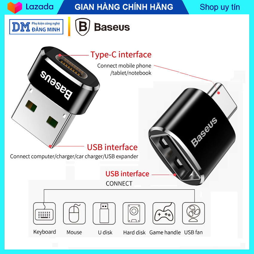 Đầu chuyển đổi otg type c thành usb và usb thành type c, type c female to usb male, type c male to usb female hàng baseus chính hãng – đăng minh