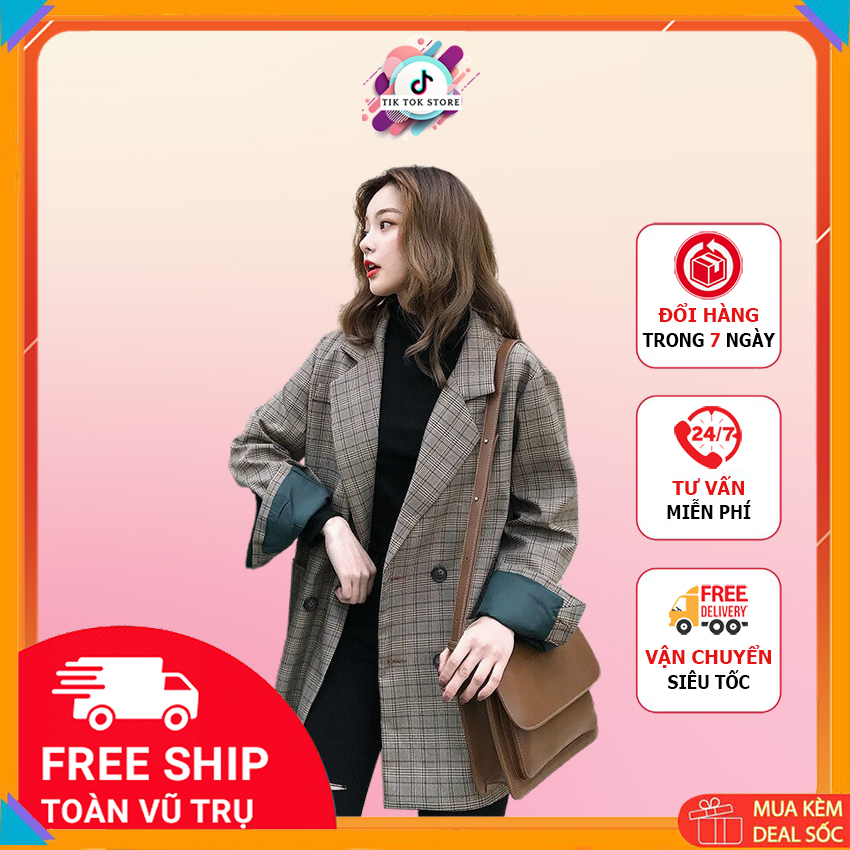 [Freeship] Áo khoác nữ form rộng hàn quốc 2021 Tik Tok Store M129, áo blazer nữ vải bố caro thích hợp tiết trời thu đông.