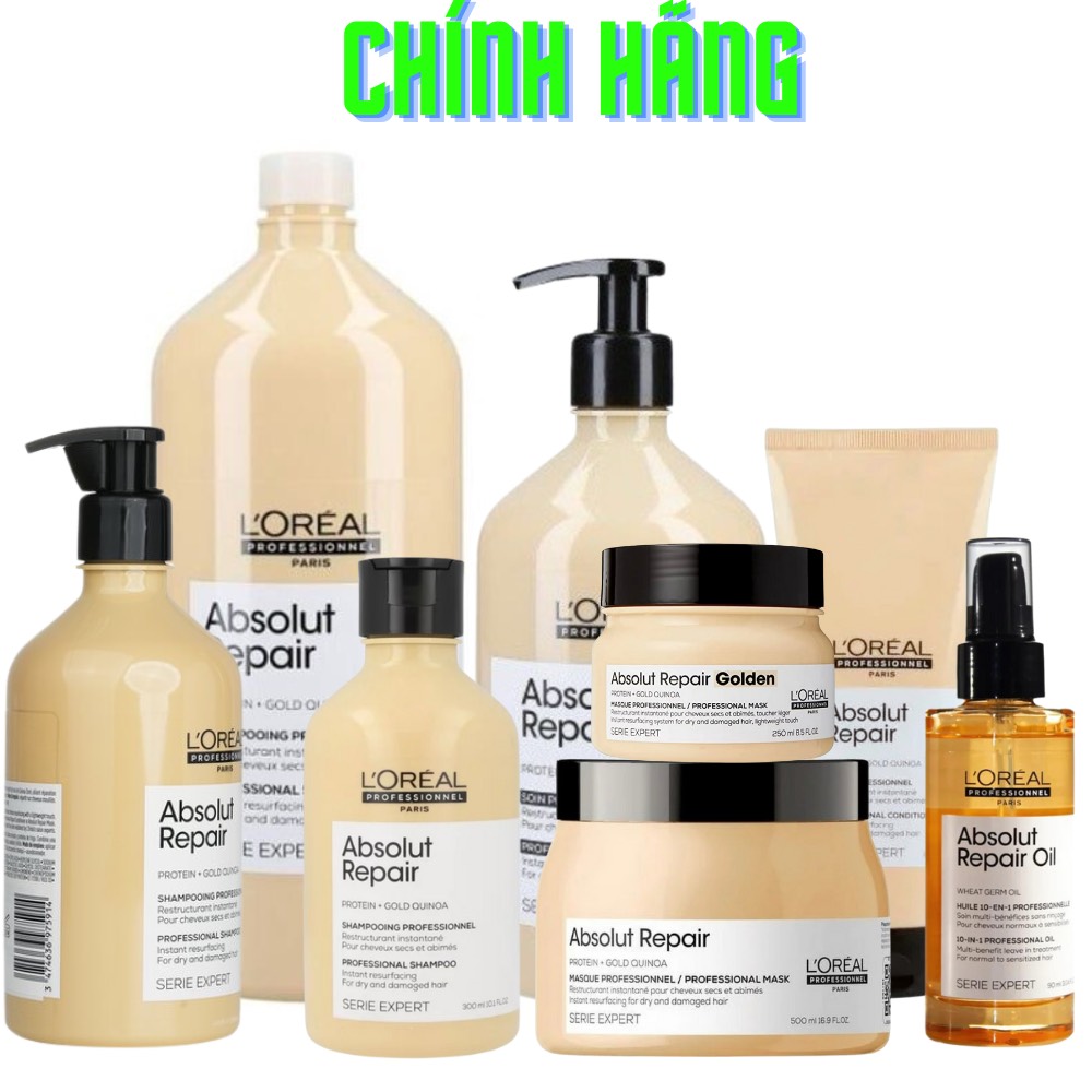 [Loreal] Dầu gội xả hấp dưỡng Loreal Absolut Repair Golden "vàng" phục hồi tóc hư tổn New