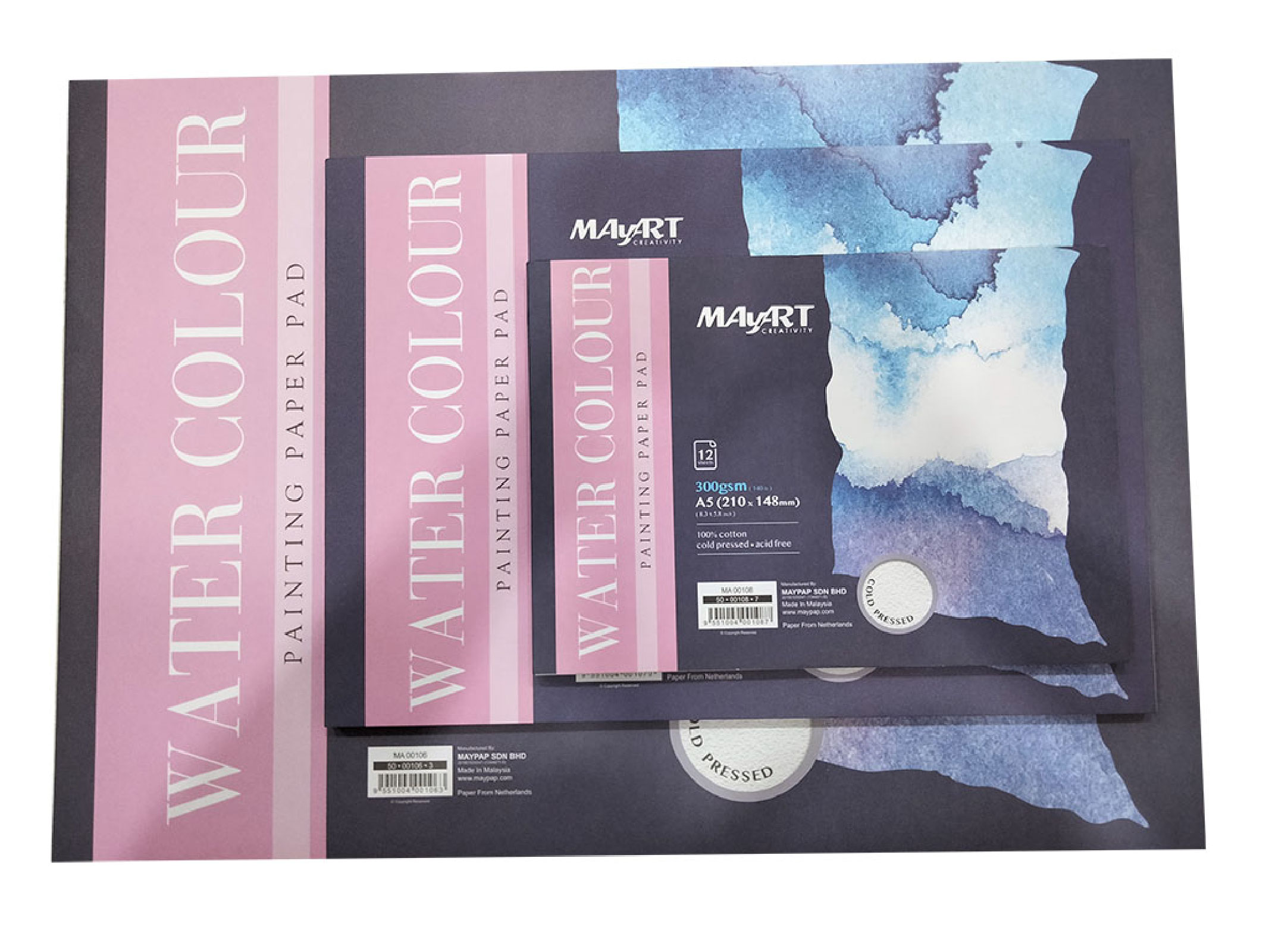 Sổ vẽ màu nước Maypad 300 gsm 100% Cotton hạng họa sĩ A5/A4/A3 Cold Press chồng 3 đến 4 lớp màu