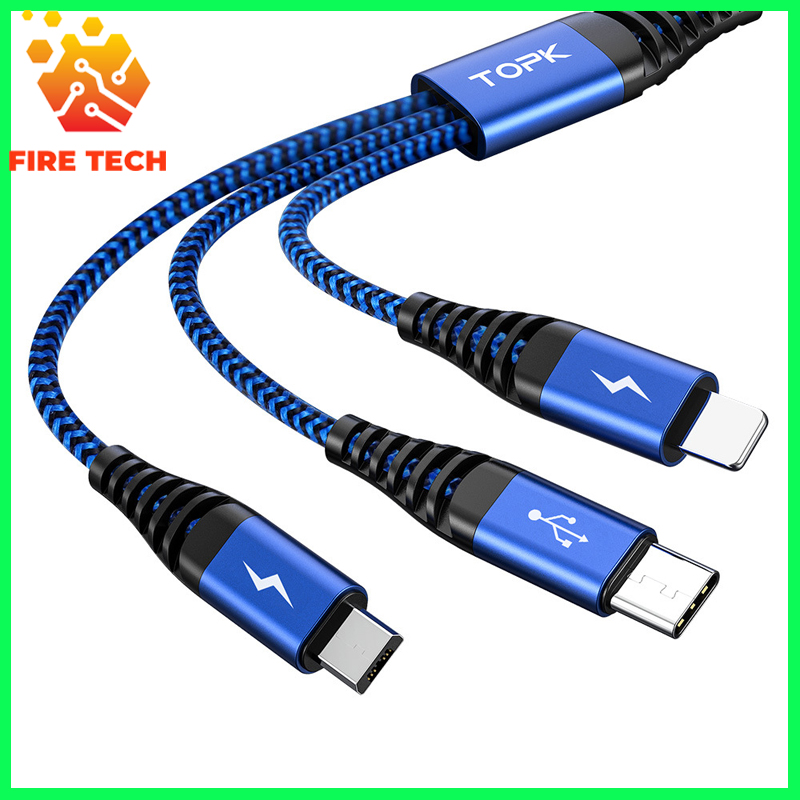 Dây sạc 3 đầu topk an24 bện dù chống rối, chống đứt