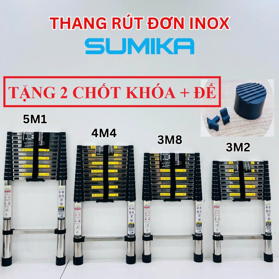 Thàng Chữ I, Thang  INOX Rút Đơn SUMIKA T510, T440, T380, T320, INOX 316,  Cao 3.2m Đến 5.1m Công Nghệ Nhật Bản - Tải 300 KG - BH 24 Tháng