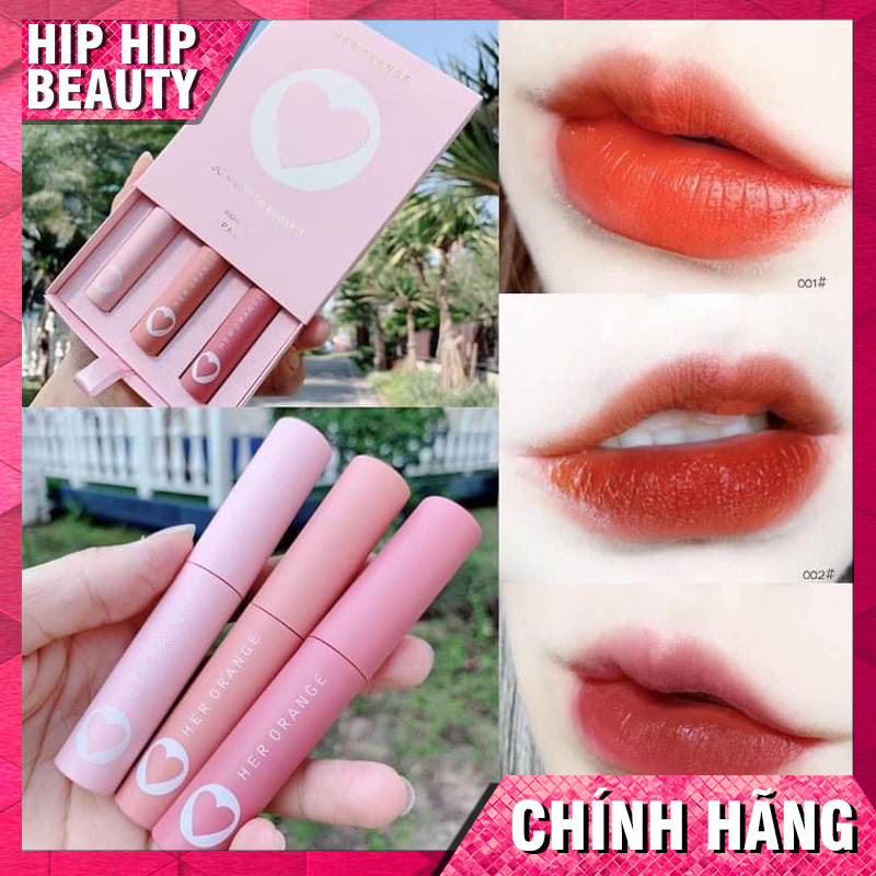 [MẪU MỚI] Set 3 Cây Son HERORANGE trái tim, mẫu mới, hộp đựng sang trọng - Son Herorange kem siêu lì, Set son 3 Cây Herorange Trái tim 3C x-slim lip gloss kit [ HipHip beauty ] A36