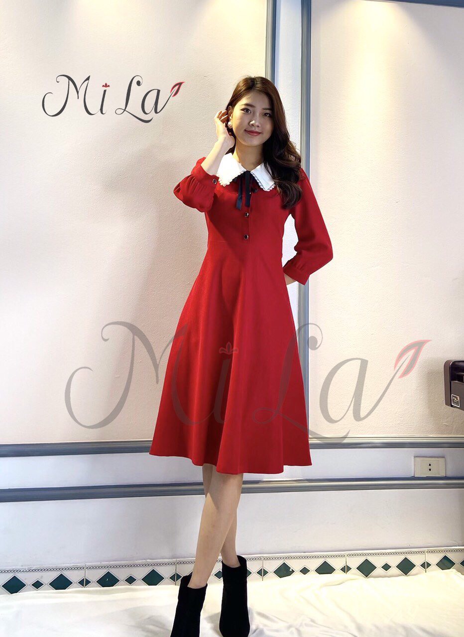 Đầm dạ nhung phối cổ trắng - đỏ mila 20dk154do