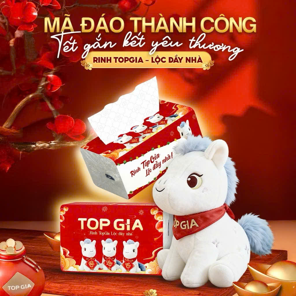 (Phiên bản tết mới) Thùng 20 gói giấy ăn Tết Topgia tặng ngựa bông bịch 240 tờ 4 lớp dập vân 4D chắc chắn