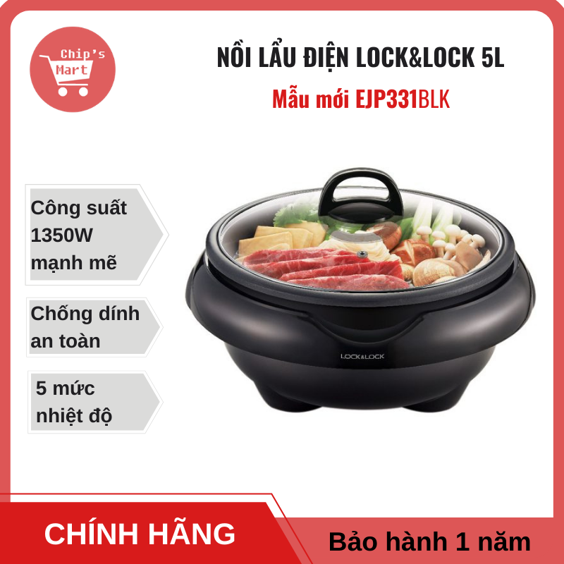 [Xả  kho] Nồi Lẩu Điện Đa Năng Lock&Lock EJP331BLK Mới – Dung tích 5 Lit - Chống dính cao cấp Nhập khẩu từ Nhật an toàn cho sức khỏe – Bảo hành 1 năm chính hãng