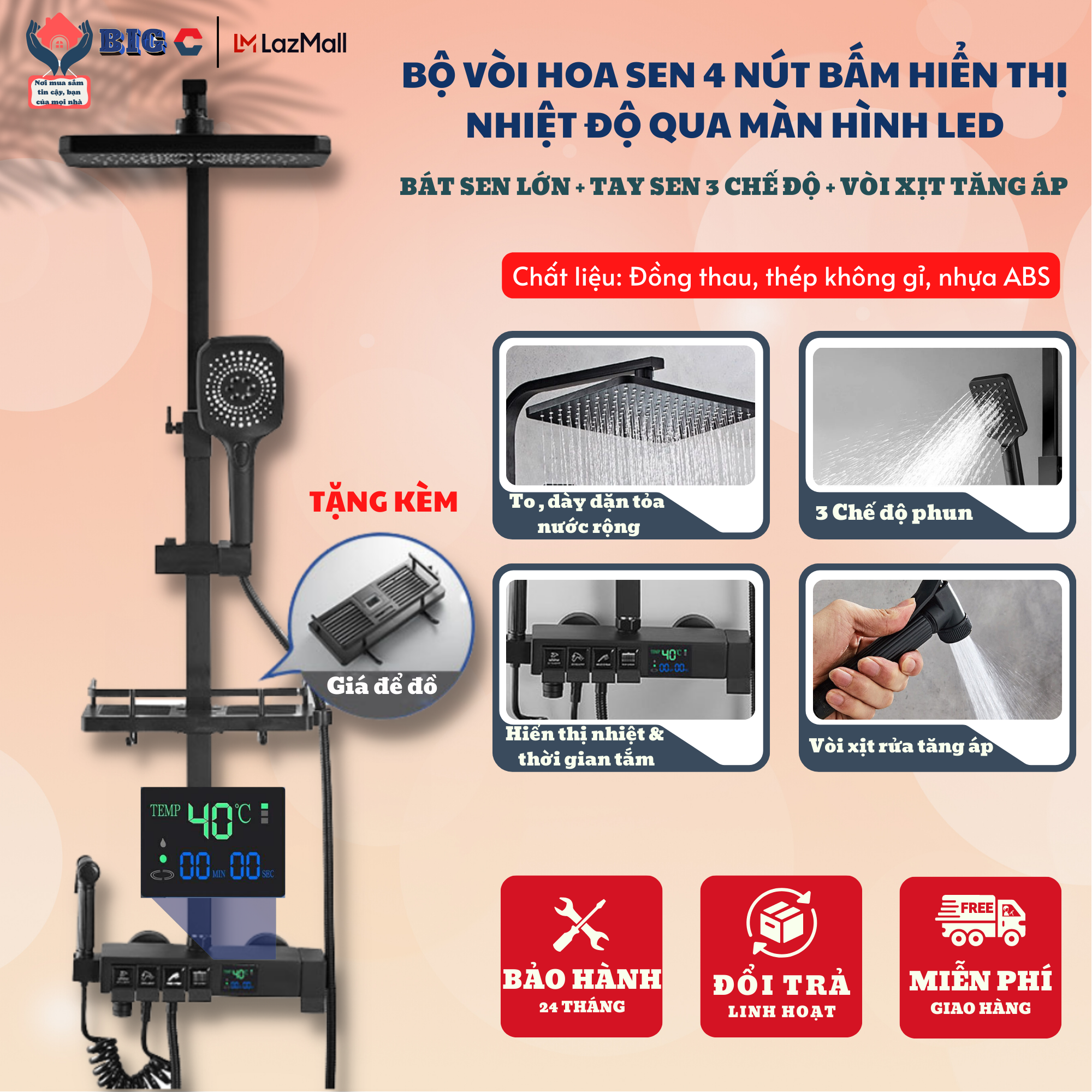 Sen tắm, Sen cây tắm nóng lạnh, Vòi sen tắm đứng, Bộ Sen cây tắm đứng nóng lạnh, Bộ sen vòi tắm đứng Bằng Đồng Hiển Thị Số Sơn tĩnh điện 3 lớp- full phụ kiện, 4 chế độ điều chỉnh áp đầu ra, 3 chế độ vòi sen