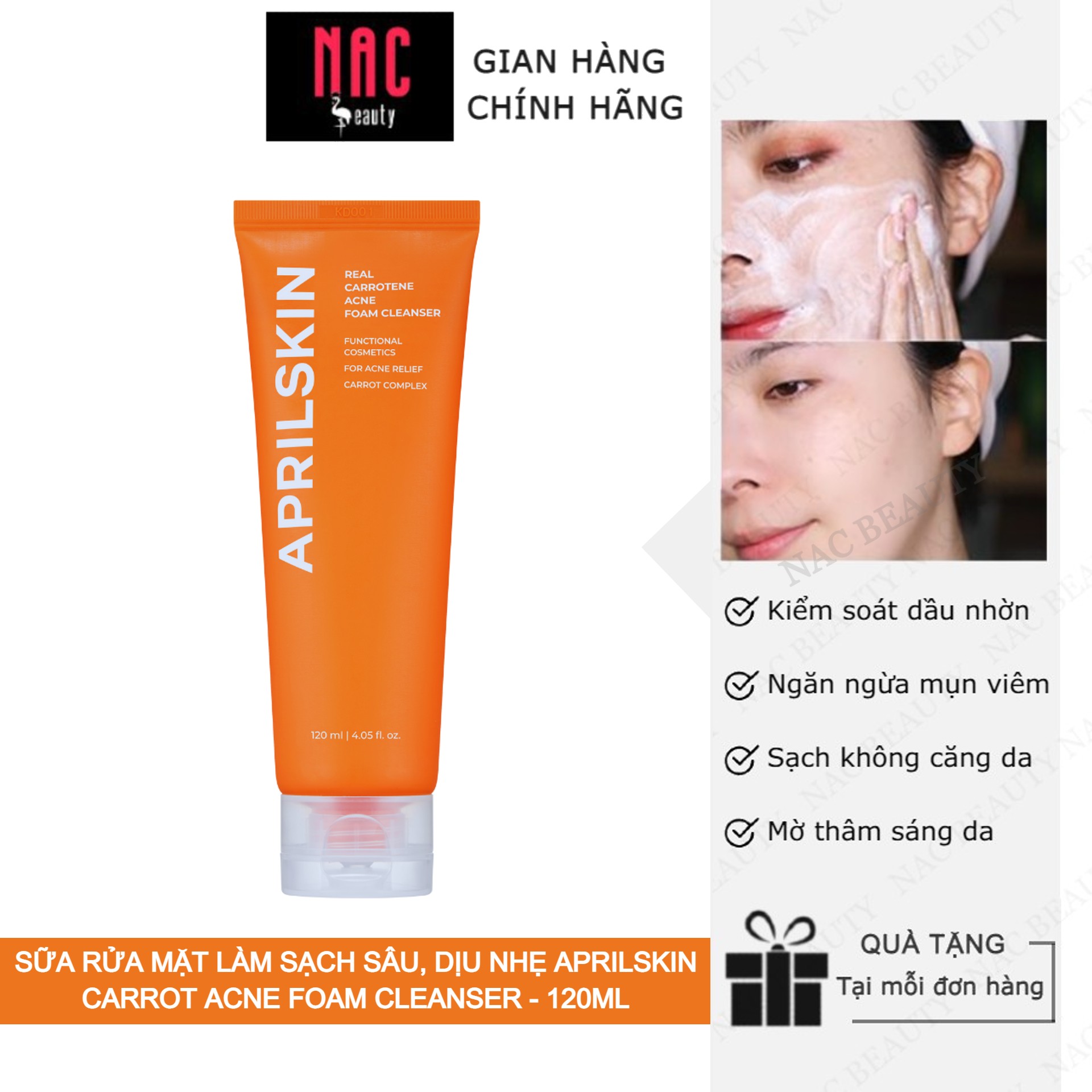 Sữa rửa mặt dịu nhẹ làm sạch sâu aprilskin carrot acne foam cleanser 120ml _ aprilskin chính hãng - nac beauty
