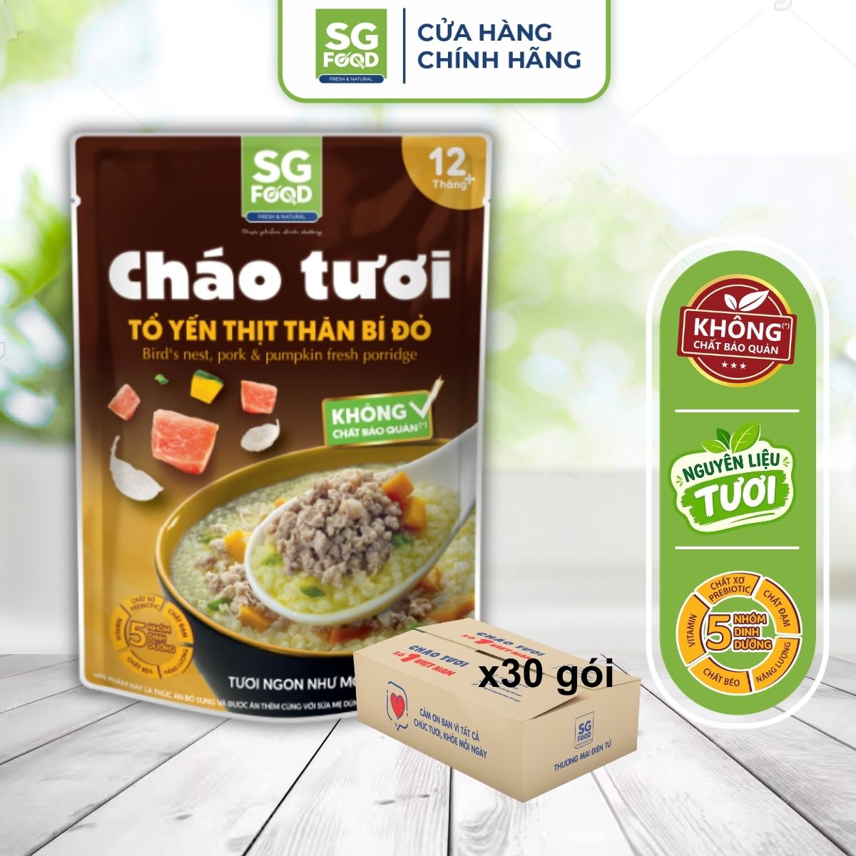 Thùng 30 gói cháo tươi tổ yến thịt thăn bí đỏ SG Food
