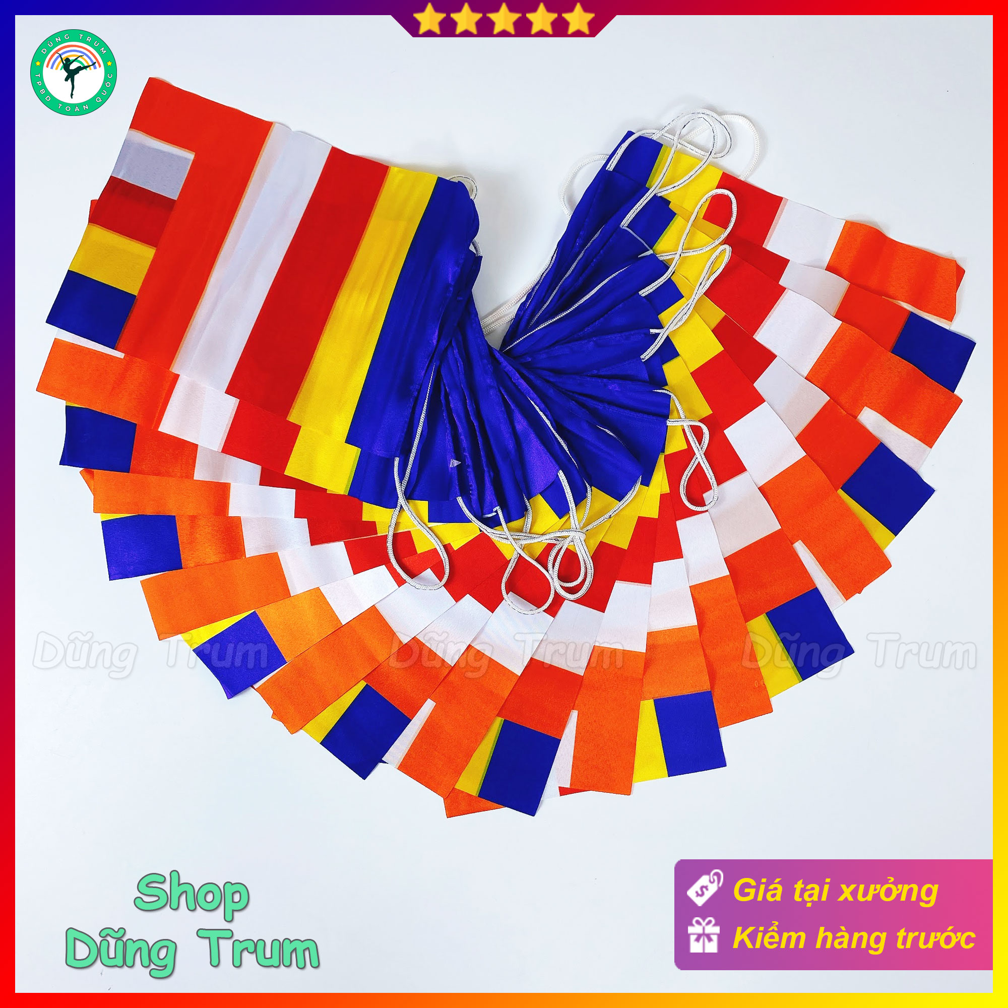 Cờ dây Phật Giáo, cờ Phật Đản vải Satanh chịu nắng mưa loại 8m 20 lá cờ