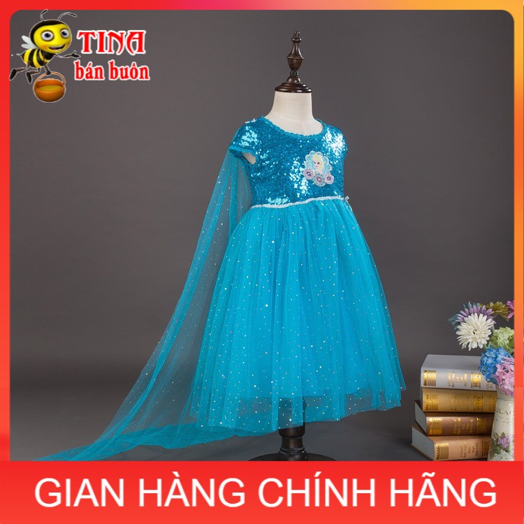 Váy elsa bé gái đính kim tuyến cho trẻ em kèm tà dài váy hoá trang công chúa elsa E149