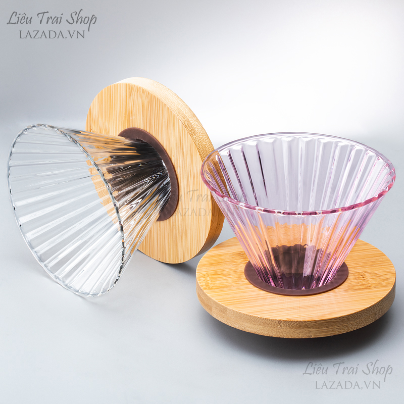 Phễu v60 pha cà phê cafe v60 giấy lọc Pour over drip thuỷ tinh nhiều màu giá gỗ tròn