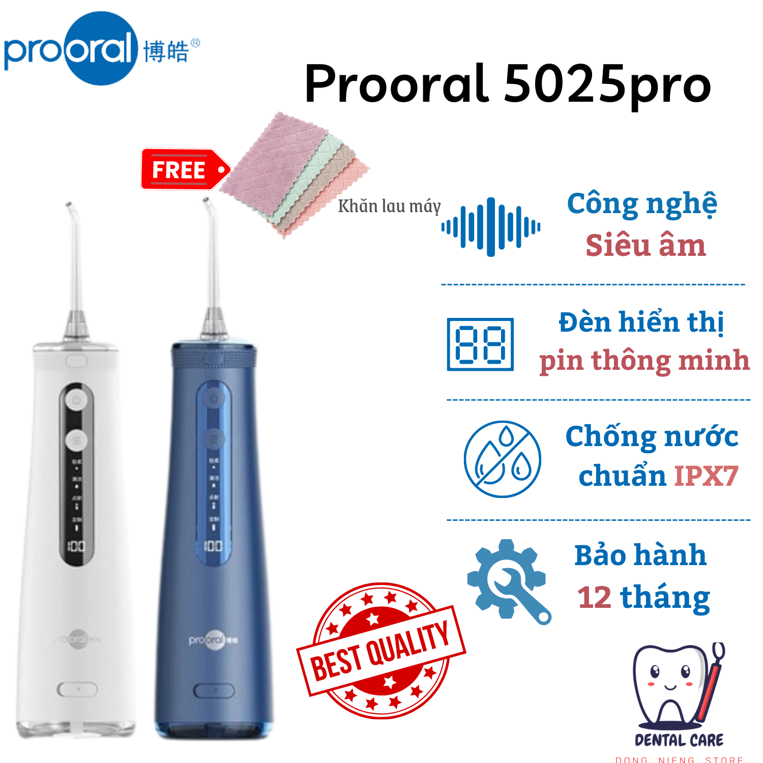 Máy tăm nước Prooral 5025Pro công nghệ siêu âm mới nhất, bảo hành 12 tháng