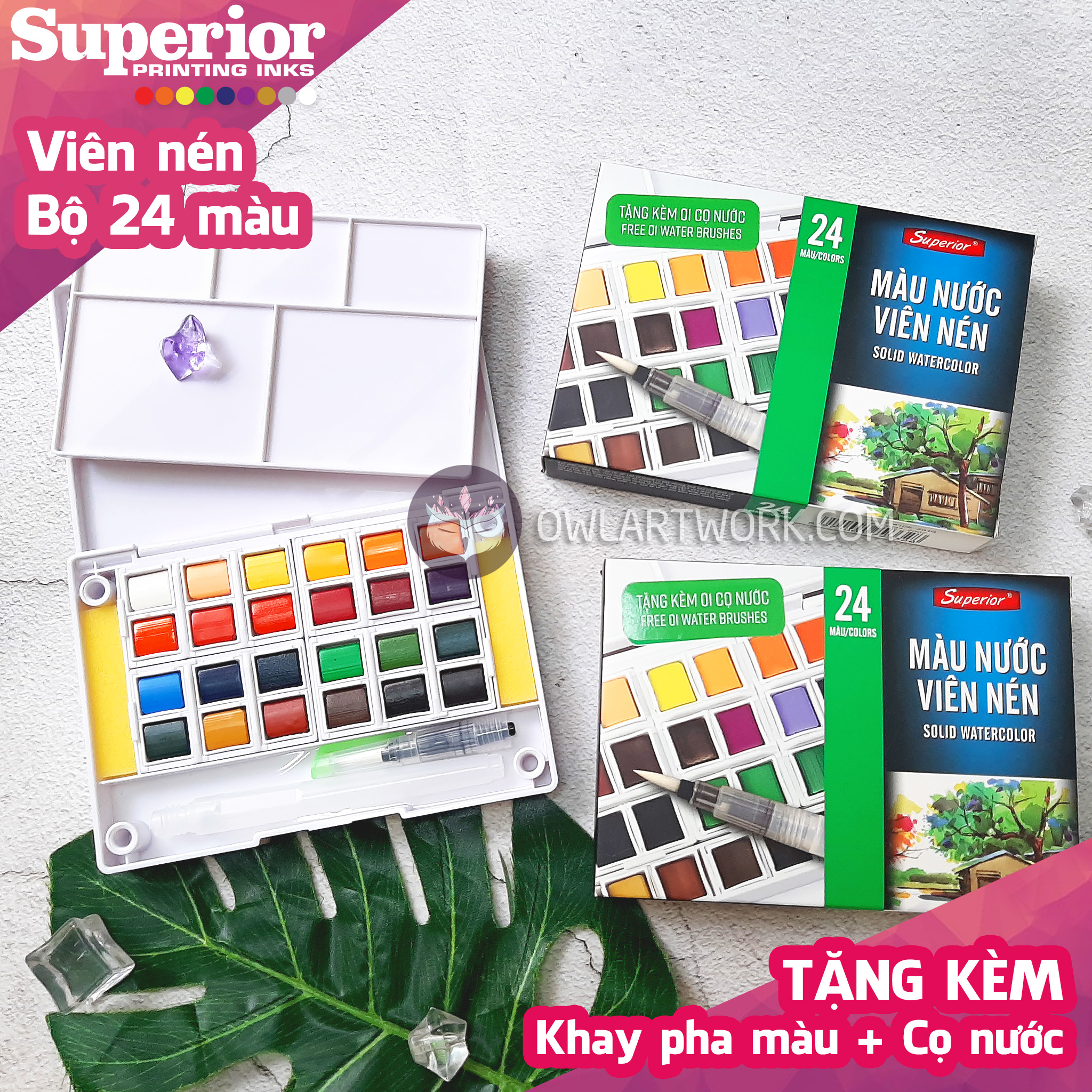 Màu Nước Superior Viên Nén Set 24 Màu Tặng Kèm Cọ Nước