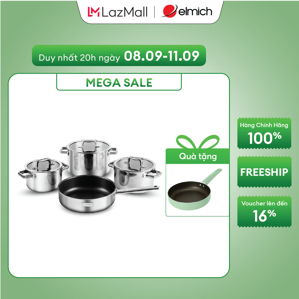 (Duy nhất từ 25-29.09)Bộ nồi inox liền khối Elmich Trimax ECO EL-8003 size 16, 18, 22, chảo 26cm