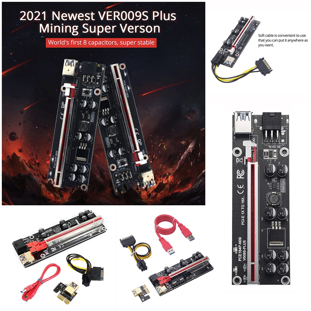 Dây card riser 009splus đỏ có led cổng usb vàng - pci-e 1x to 16x dây usb 3.0 có cổng đơn và cổng 3 - lắp vga rời